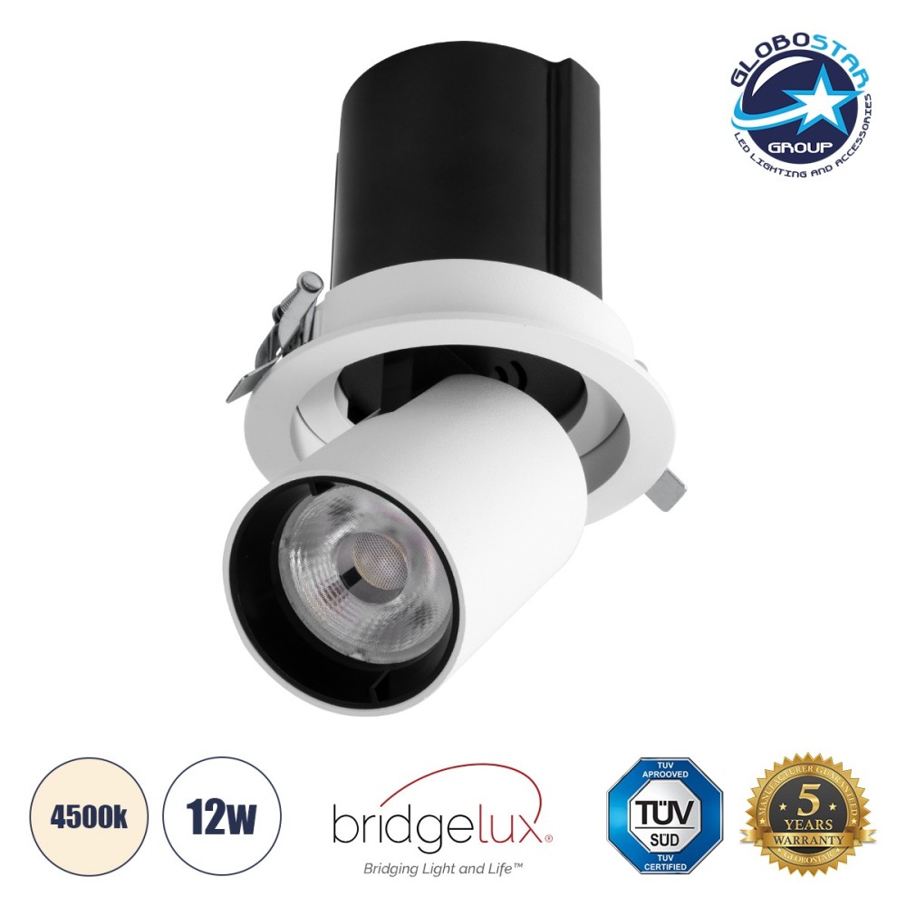 GLOBOSTAR® VIRGO-M 60306 Χωνευτό Κινούμενο Downlight Σποτ LED 12W 1560lm 36° AC 220-240V IP20 Φυσικό Λευκό 4500K - Bridgelux COB Chip & TÜV SÜD Driver - Λευκό & Μαύρο Ματ - Μ11 x Π11 x Υ11.5cm - Q9.5cm - 5 Χρόνια Εγγύηση